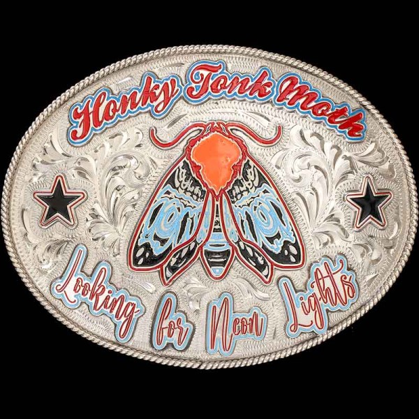 The Honky Tonk Belt Buckle features neon lights and the sound of some good music! A silver oval belt buckle with unique lettering. Customize this buckle design now!